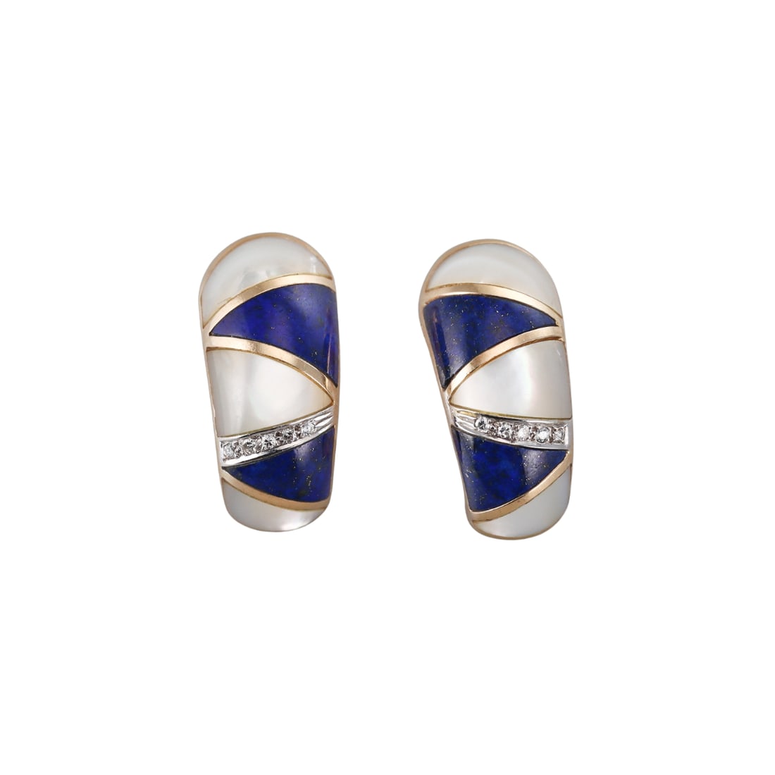 14k Gold Lapis MOP Diamond Half Hoop Earrings: Metal : 14k Yellow Gold Designer : Not Signed Gemstone : Lapis, MOP, Diamonds approx. 0.08ctw. Measurements : Earrings are 25mm x 12mm. Marked: : IJ, 14k. Weight: : 11.8