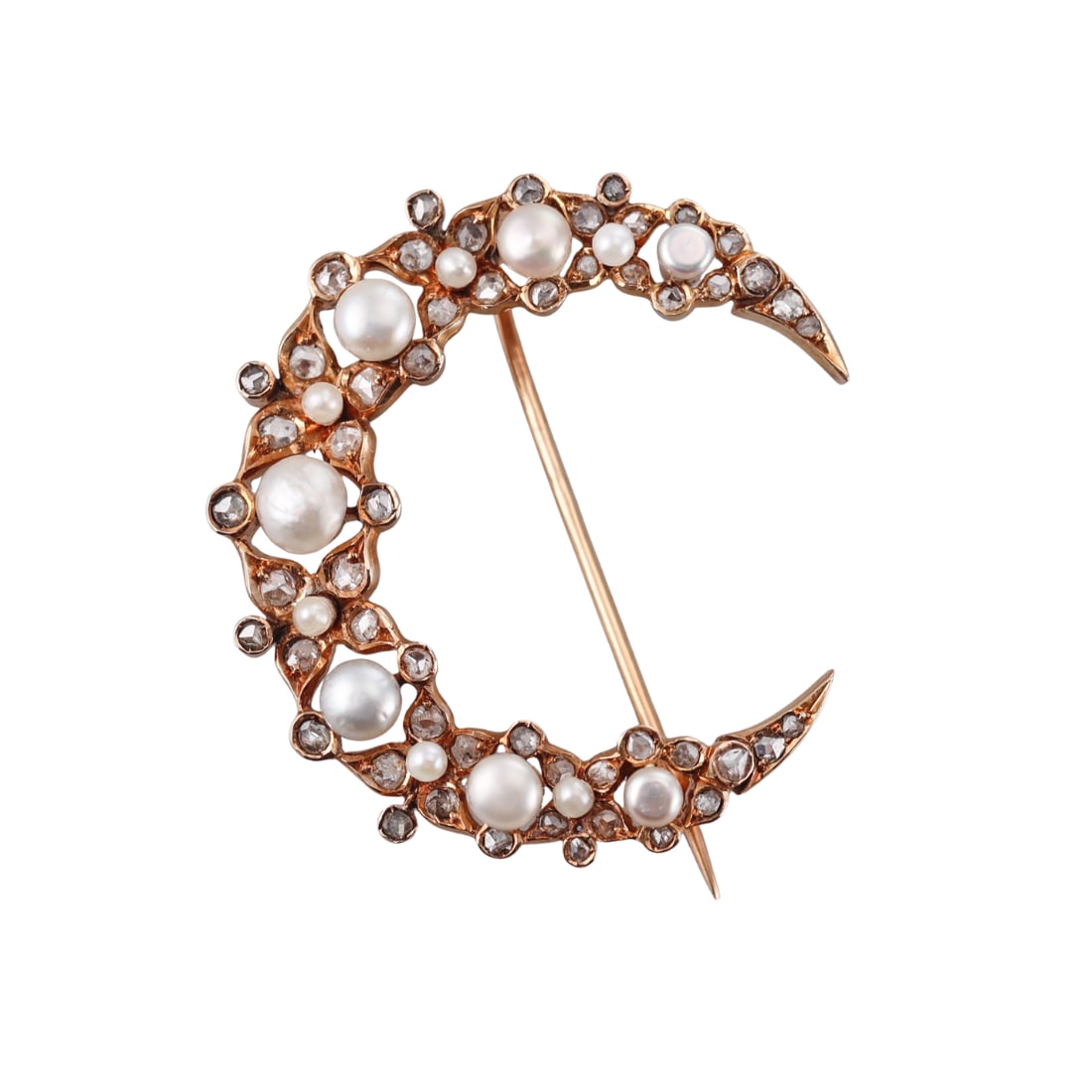 Antique 18k Gold Diamond Pearl Crescent Brooch Pin: Metal : 18k Rose Gold Designer : Not Signed Gemstone : Rose cut diamonds, Pearls. Measurements : Brooch is 38mm x 33mm. Marked: : Tested 18k. Weight: : 10 grams 