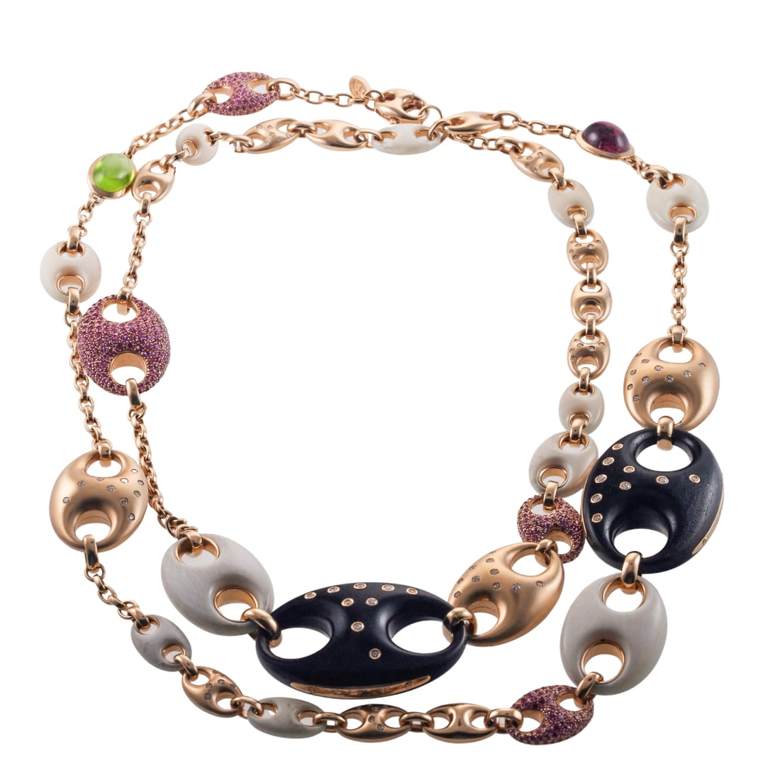 Valente Wood Sapphire Diamond Tourmaline Gold Long Station Necklace: Metal : 18k Rose Gold Designer : Valente Gemstone : Sapphire, Diamonds approx. 1.50ctw, Tourmaline, Wood. Measurements : Necklace is 46" long, largest elements are 48mm x 32mm. 