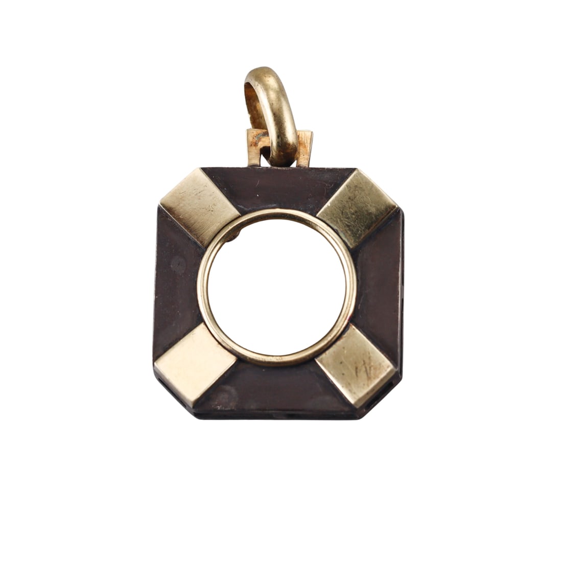 1970s 18k Gold Steel Pendant: Metal : 18k Gold / Stainless Steel Designer : Not Signed Gemstone : None Measurements : Pendant is 43mm with bale x 30mm. Marked: : Tested 18k/Steel. Weight: : 20.5