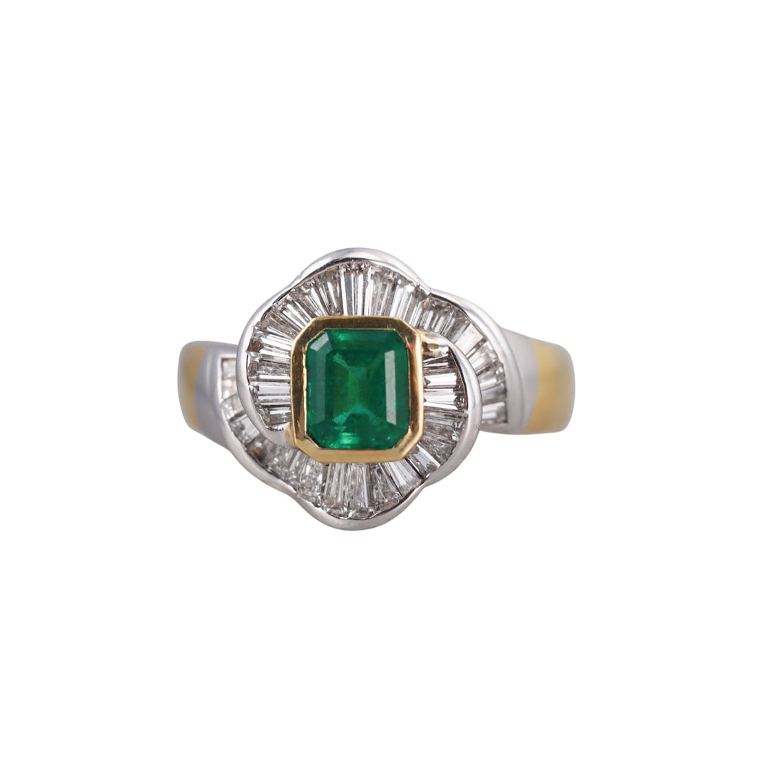 18k Gold Baguette Cut Diamond Emerald Ring: Metal : 18k Gold Designer : Not Signed Gemstone : Baguette diamonds approx. 0.50ctw. Emerald - 6 x 5 x 3.7mm Measurements : Ring size 8 3/4, top is 15mm Marked: : 750 