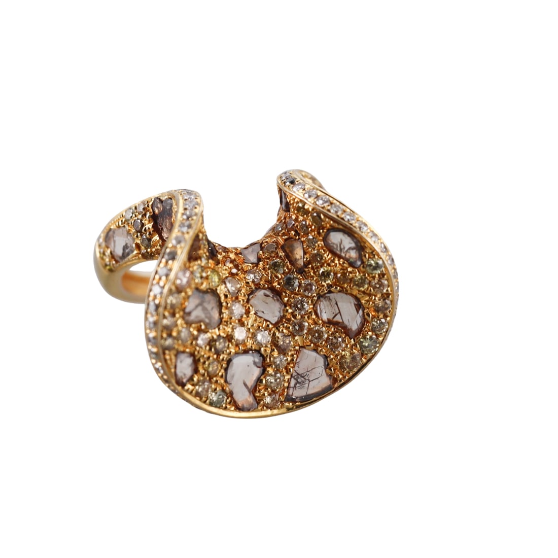 Payal Shah 18k Gold Diamond Slice Curve Ring: Metal : 18k Yellow Gold Designer : Payal Shah Gemstone : RBC and slice fancy color diamonds. Measurements : ring size 6.5, top is 22mm x 25mm. Marked: : 750. Weight: :