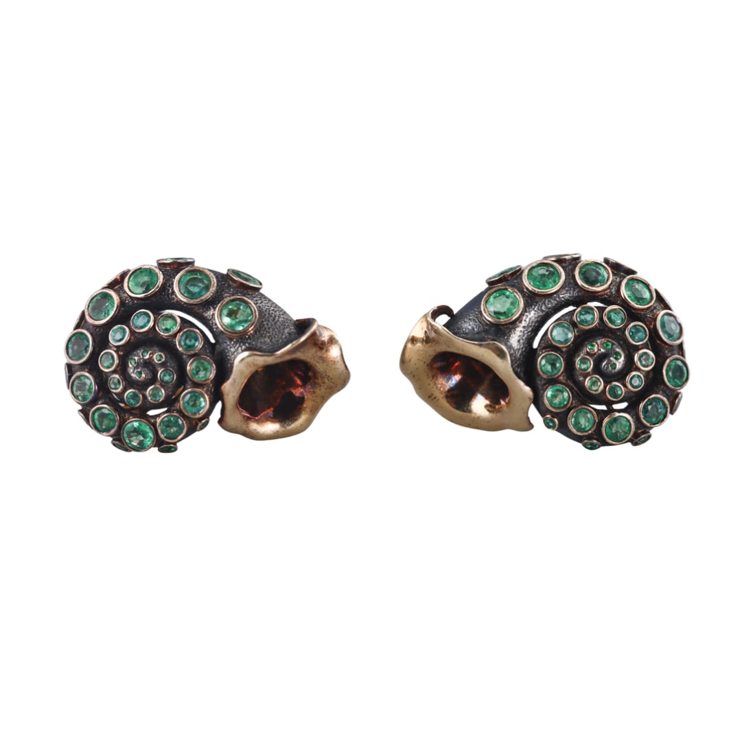 Marilyn Cooperman Cornucopia 18k Gold Silver Emerald Earrings: Metal : 18k Gold / Sterling Silver Designer : Marilyn Cooperman Gemstone : Emeralds Measurements : Earrings are 36mm x 26mm. Marked: : MFC, 750, 925. Weight: : 40 grams 