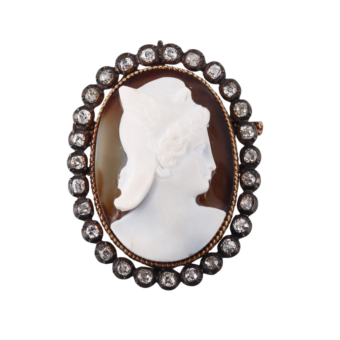 Antique 14k Gold Silver Diamond Hardstone Cameo Pendant Brooch (1 of 4)