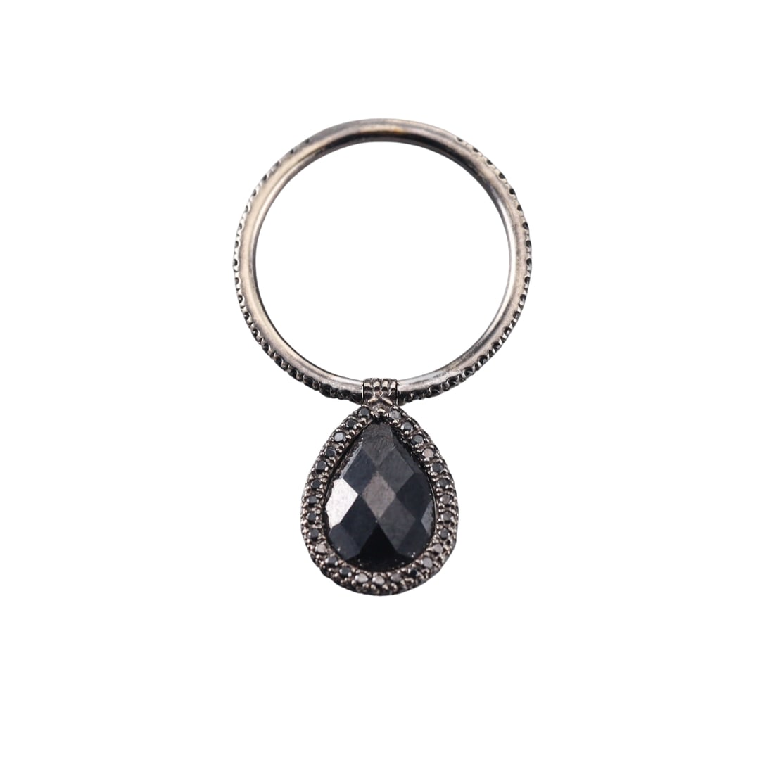 Nina Runsdorf 18k Blackened Gold 4.72ctw Diamond Flip Ring: Metal : 18k Blackened Gold Designer : Nina Runsdorf Gemstone : Black diamonds 4.72ctw. Measurements : Ring size 6.75, charm is 14mm x 11mm. Marked: : 18k, NR. Weight: : 3
