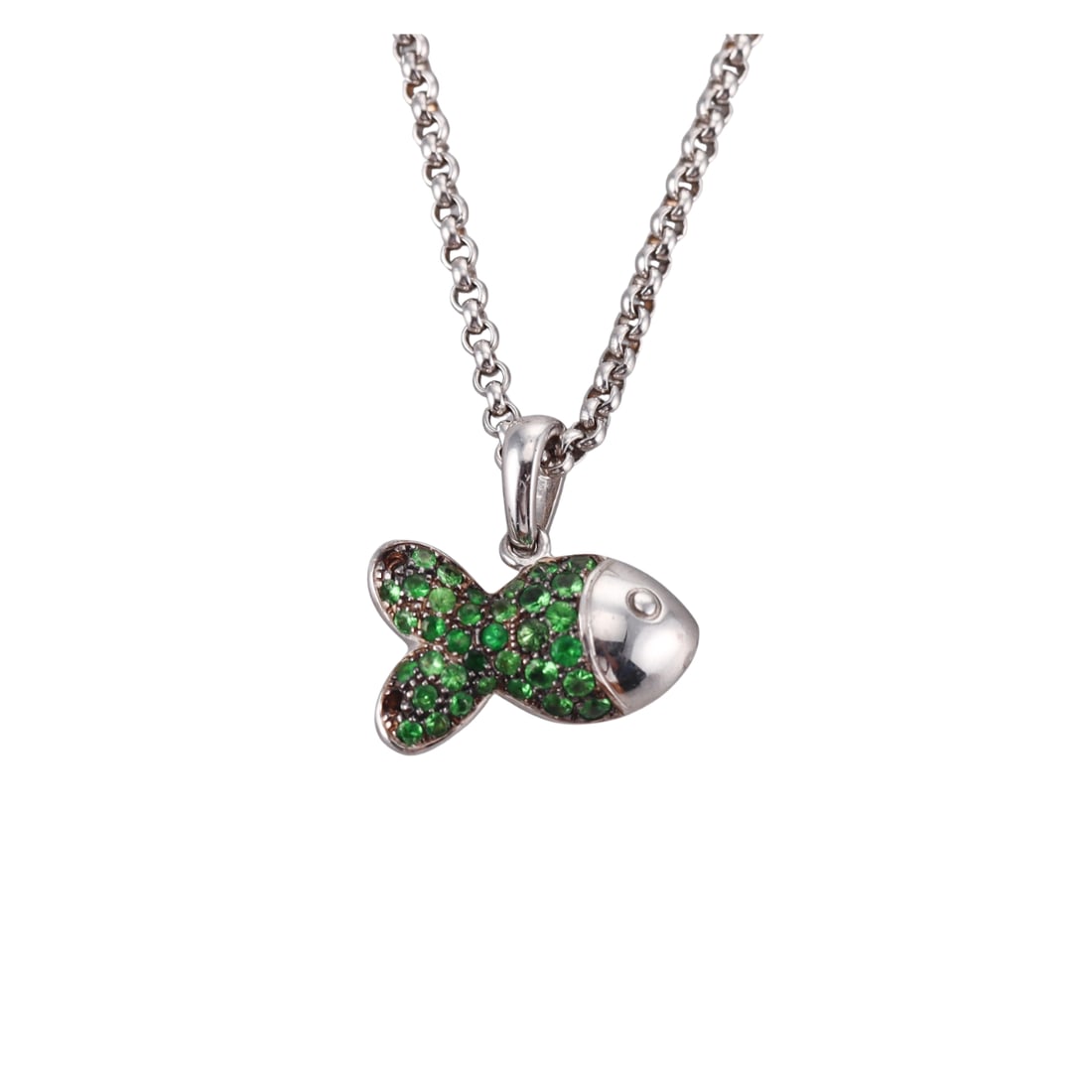 Chopard 18k Gold Tsavorite Fish Pendant Necklace: Metal : 18k Gold Designer : Chopard Gemstone : Tsavorite Measurements : Necklace is 16" long, Pendant is 17mm x 11mm Marked: : Chopard 750 2802792 S79/4702/3 Weight: :