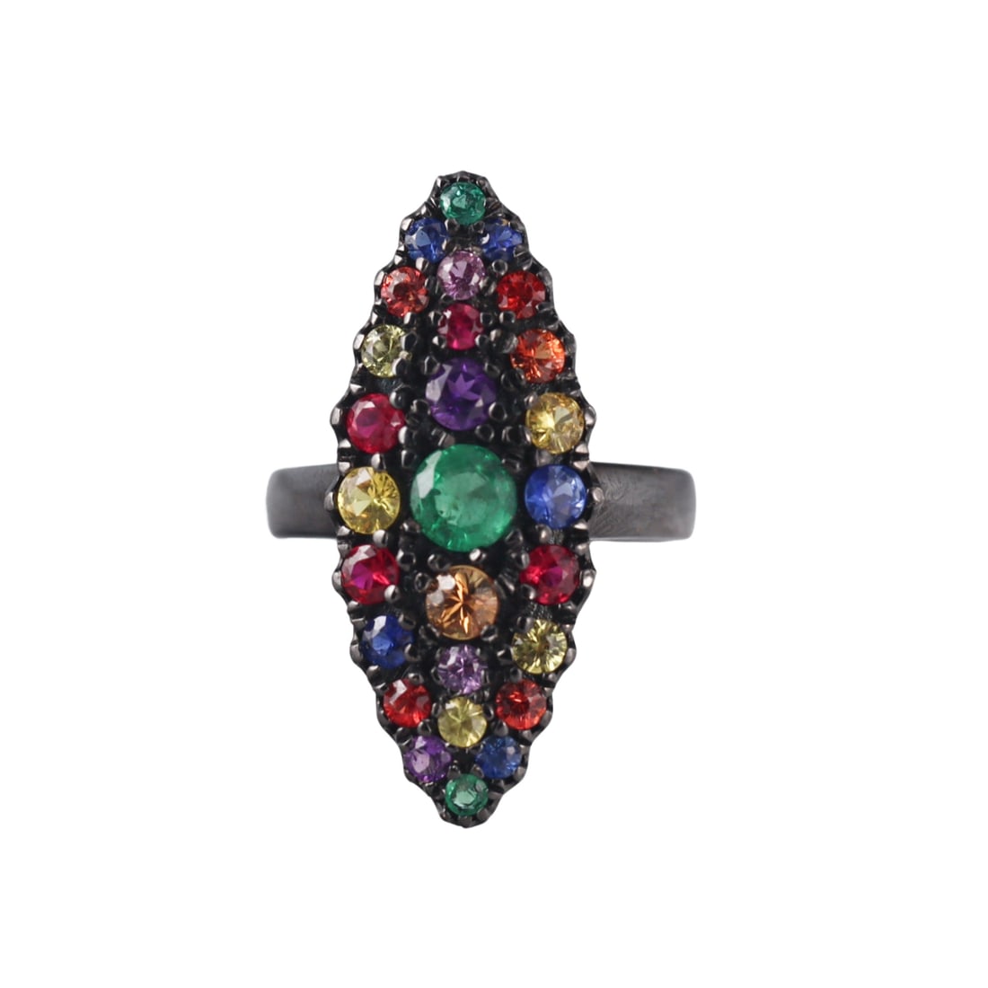 Colette Jewelry Jeanne D'arc Marquise 18k Black Gold Multi Gemstone Ring: Metal : 18k Black Gold Designer : Colette Jewelry Gemstone : Multi color sapphires, Emeralds Measurements : Ring size 6.25, top is 29mm x 13mm. Marked: : Colette, Feather mark,