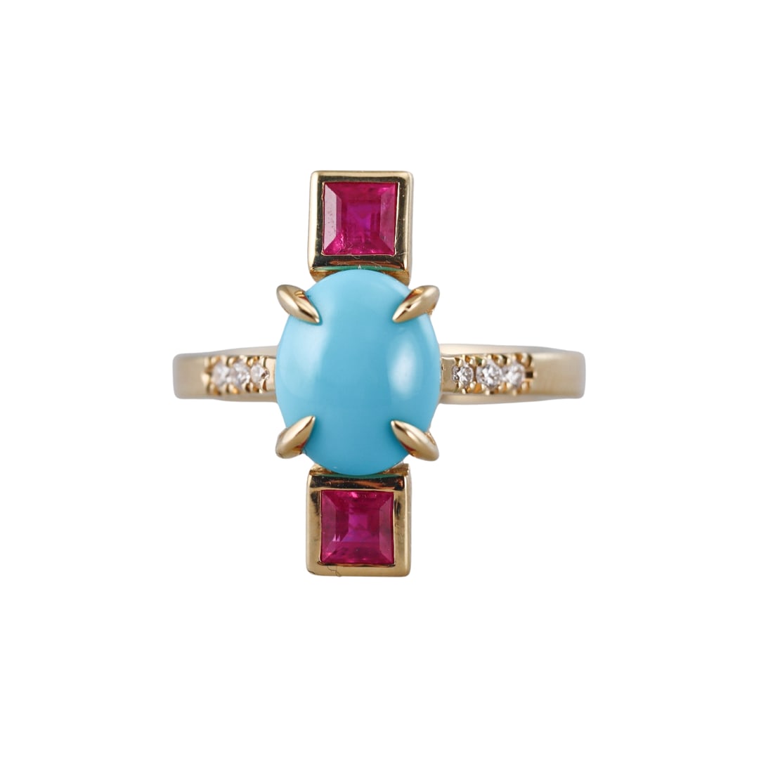 Aletto Brothers 18k Gold Diamond Ruby Turquoise Ring: Metal : 18k Yellow Gold Designer : Aletto Brothers Gemstone : Diamonds 0.10ctw, Ruby 0.78ctw, Turquoise. Measurements : Ring size 7, top is 20mm. Marked: : R0.78, Ct 0.10,