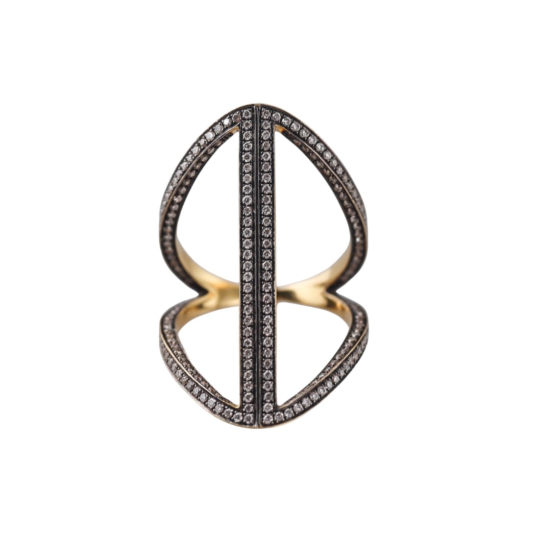 Noor Fares 18k Gold Diamond Long Rhombus Ring: Metal : 18k Yellow/ Blackened Gold Designer : Noor Fares Gemstone : Diamonds approx. 1.60ctw. Measurements : Ring size 5, top width 31mm. Marked: : N mark, 50, 750, Noor,