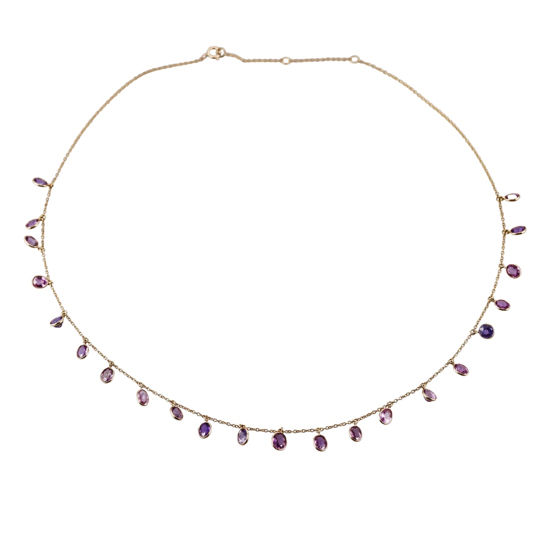 18k Gold 10.37ctw Purple Natural Sapphire Necklace: Metal : 18k Yellow Gold Designer : Not Signed Gemstone : Purple natural sapphires 10.37ctw. Measurements : Necklace is 18" long. Marked: : 750. Weight: : 5.8 grams 