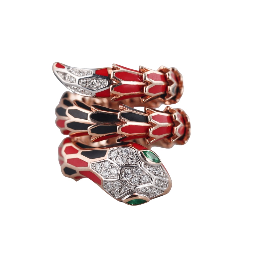 Alexis NY 18k Gold Silver Enamel Diamond Emerald Wrap Snake Ring: Metal : 18k Rose Gold over Sterling Silver Designer : Alexis NY Gemstone : Diamonds 0.32ctw, Emeralds 0.20ctw. Measurements : Ring size 7 (slightly flexible), width 26mm. Marked: : A