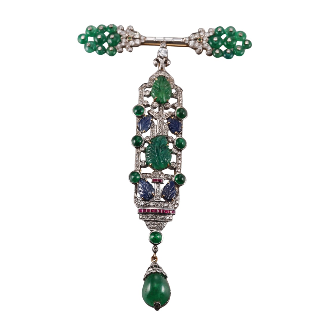18k Gold Emerald Diamond Sapphire Jabot Brooch Pin (1 of 6)