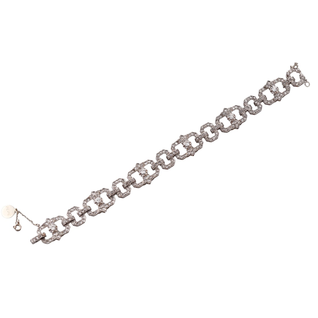 Antique Diamond Platinum Link Bracelet: Metal : Platinum Designer : Not Signed Gemstone : Rose cut and round diamonds. Measurements : Bracelet is 7.5" long x 15mm wide Marked: : Tested - Plat. PEPE 29-7-956 Weight: