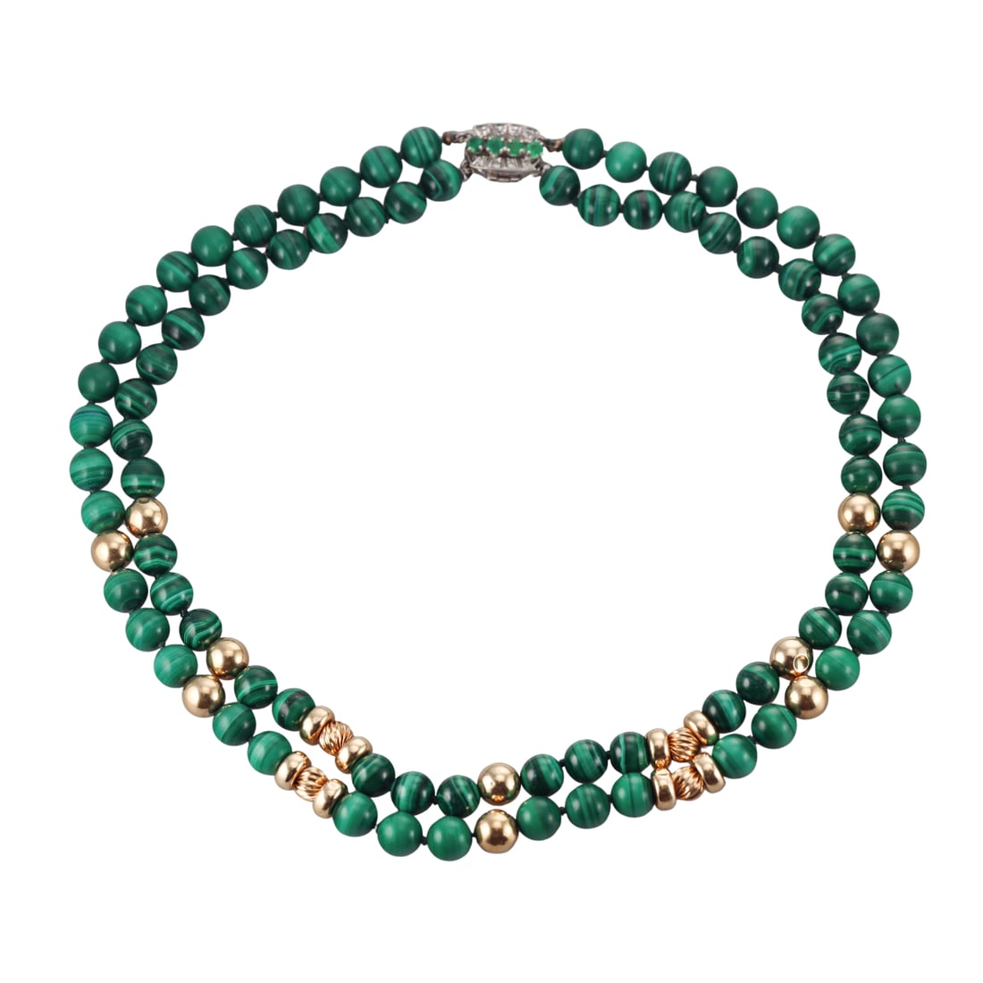 1950s 14k Gold Malachite Diamond Two Strand Necklace (1 of 5)