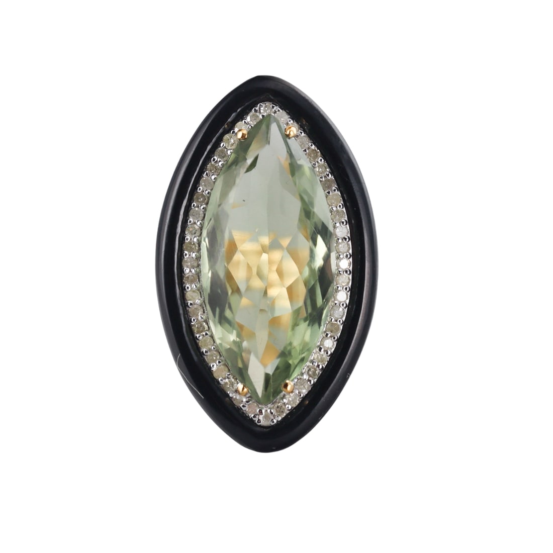 14k Gold Silver Green Prasiolite Diamond Onyx Ring: Metal : 14k Gold / Sterling Silver Designer : Not Signed Gemstone : Green prasiolite 11.41ct, Onyx 3.70ctw, Diamonds 0.38ctw. Measurements : Ring size 7, top is 33mm x 18mm. 