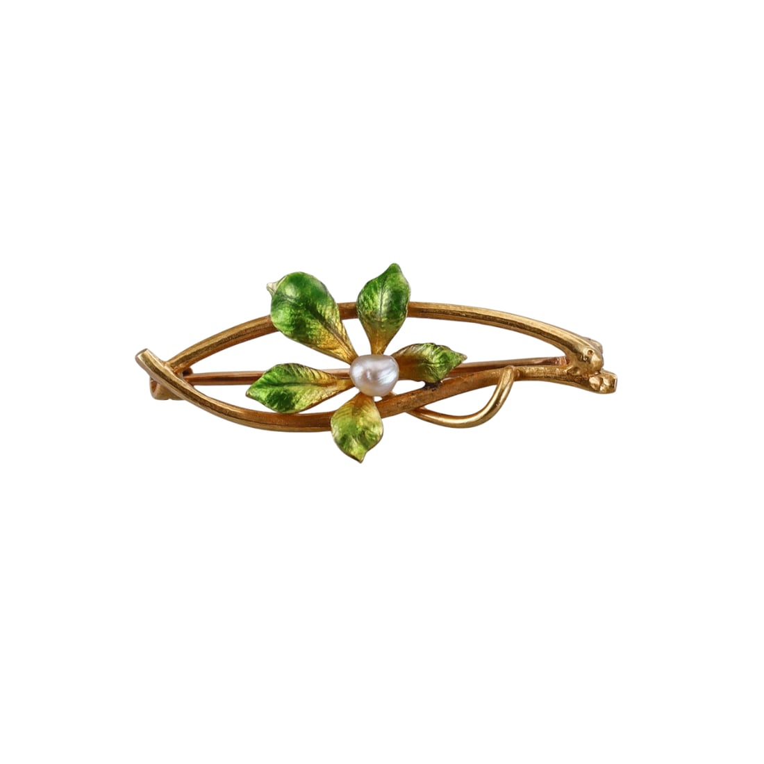 Art Nouveau Antique 14k Gold Enamel Pearl Flower Brooch Pin: Metal : 14k Yellow Gold Designer : Not Signed Gemstone : Pearl Measurements : Brooch is 32mm x 14mm Marked: : 14k Weight: : 2.3 grams Condition: : Excellent 