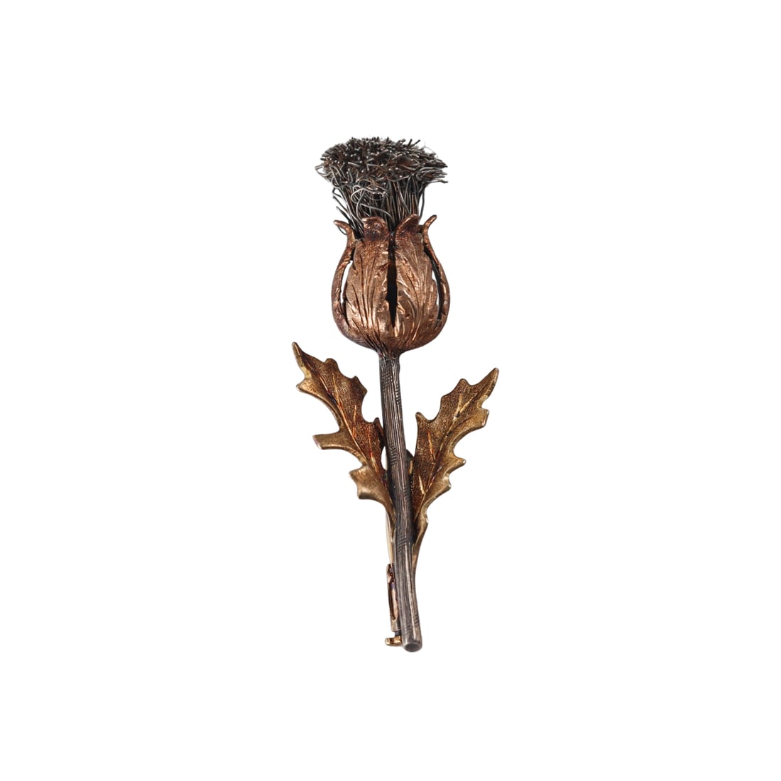 Mario Buccellati Thistle 18k Gold Brooch Pin: Metal : 18k Tri Color Gold Designer : Mario Buccellati Gemstone : None Measurements : Brooch is 45mm x 18mm. Marked: : M. Buccellati Italy, 750. Weight: : 6.6 grams 