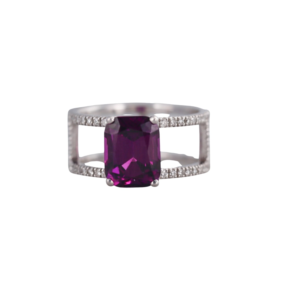 14k Gold 3.77ct Rhodolite Garnet Diamond Ring: Metal : 14k White Gold Designer : Not Signed Gemstone : Rhodolite garnet 3.77ct, Diamonds approx. 0.25ctw. Measurements : Ring size 5.25, width 8mm. Marked: : 14k. 