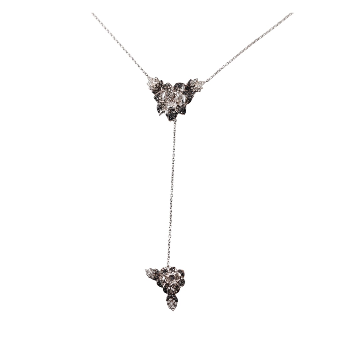 Colette Jewelry Ombré Napoleon 18k Gold Diamond Pendant Necklace: Metal : 18k White Gold Designer : Colette Jewelry Gemstone : Black diamonds 0.80ctw, White GH/VS diamonds - 0.70ctw. Measurements : Necklace is 19.5" long, pendant drop is 4" long. 
