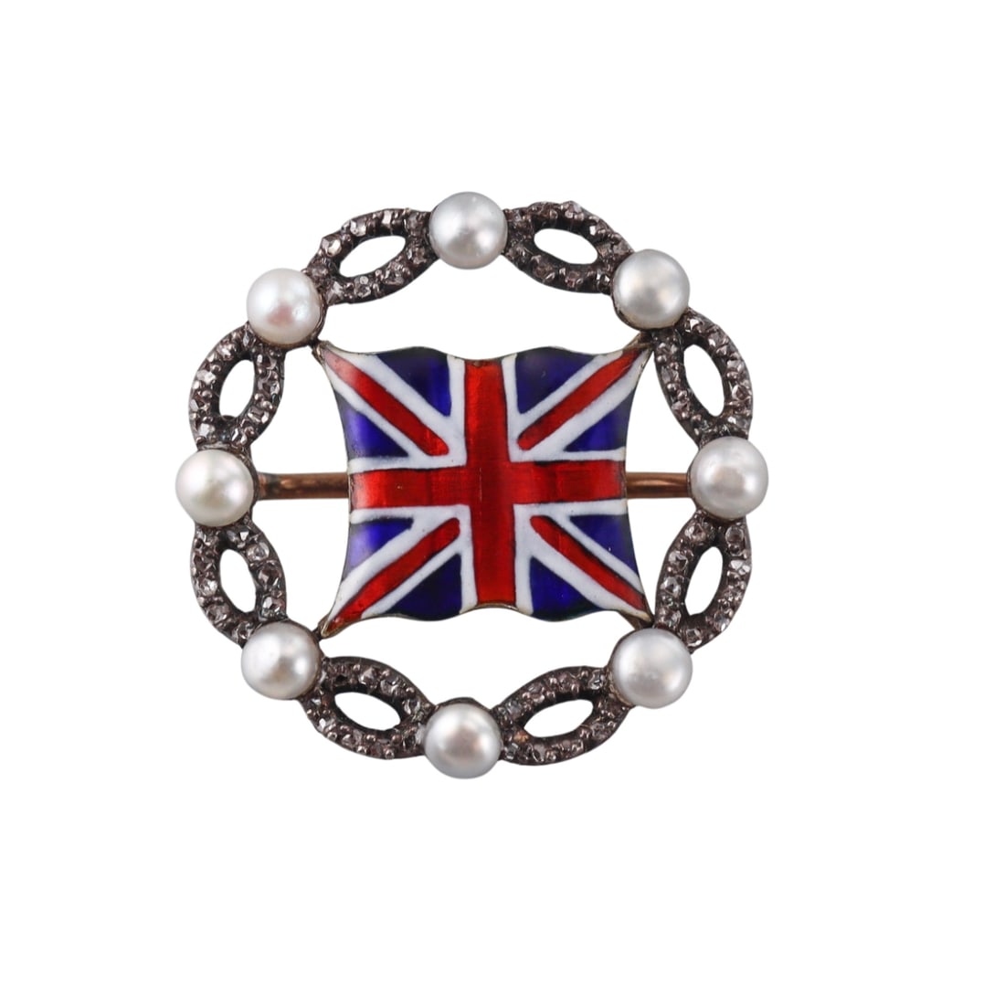Antique Gold Silver Diamond Pearl Enamel British Union Jack Flag Brooch Pin: Metal : Silver and 10k Gold Designer : Not Signed Gemstone : Pearls. Rose cut diamonds Measurements : Brooch is 24mm in diameter Marked: : Tested - 10k , Silver Weight: :