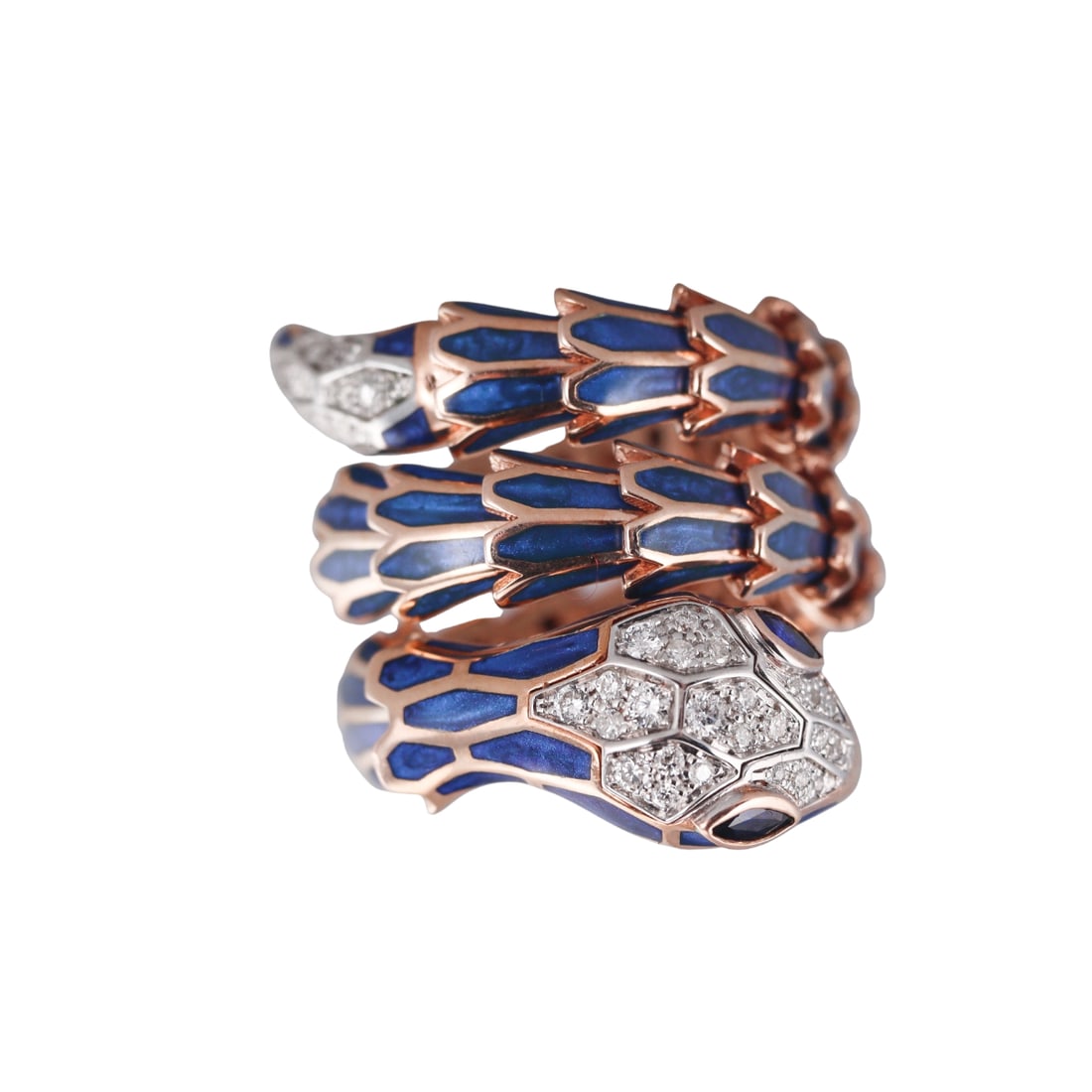 Alexis NY 18k Gold Silver Enamel Diamond Emerald Wrap Snake Ring: Metal : 18k Rose Gold over Sterling Silver Designer : Alexis NY Gemstone : Diamonds 0.32ctw, Sapphires 0.20ctw. Measurements : Ring size 7 (slightly flexible), width 26mm. Marked: :