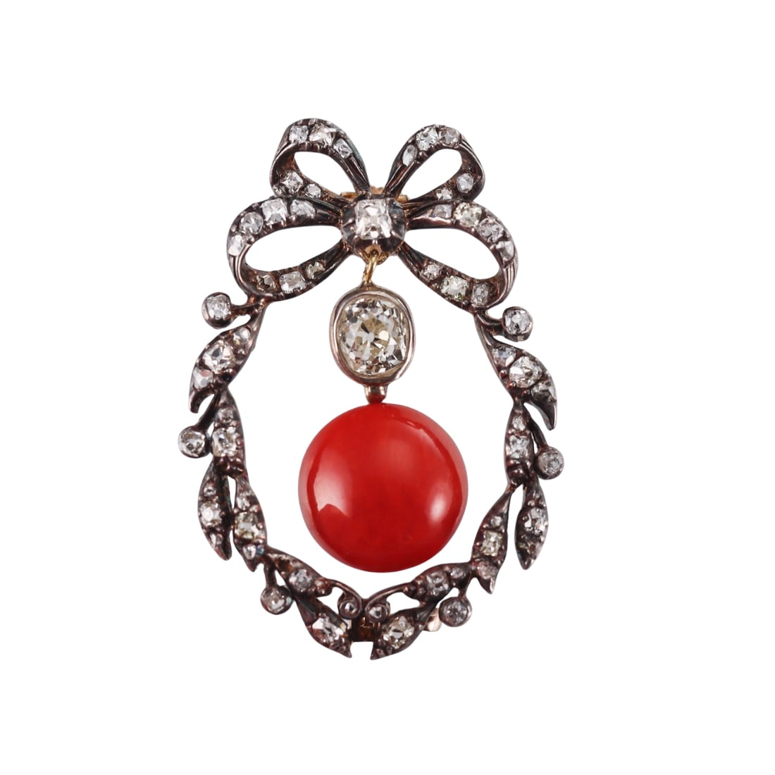 Antique Victorian Gold Silver Diamond Coral Bow Brooch Pendant: Metal : Silver and 14k Gold Designer : Not Signed Gemstone : Diamonds approx. 1.30ctw. Coral Measurements : Brooch is 3mm x 27mm Marked: : Tested - 14k and silver Weight: