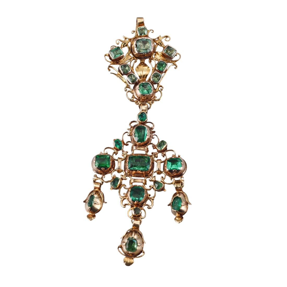 Antique Iberian 18k Gold Emerald Pendant: Metal : 18k Gold Designer : Not Signed Gemstone : Emerald approx. 3.50ctw Measurements : Pendant is 80mm x 30mm Marked: : tested - 18k Weight: : 13.8 grams Condit