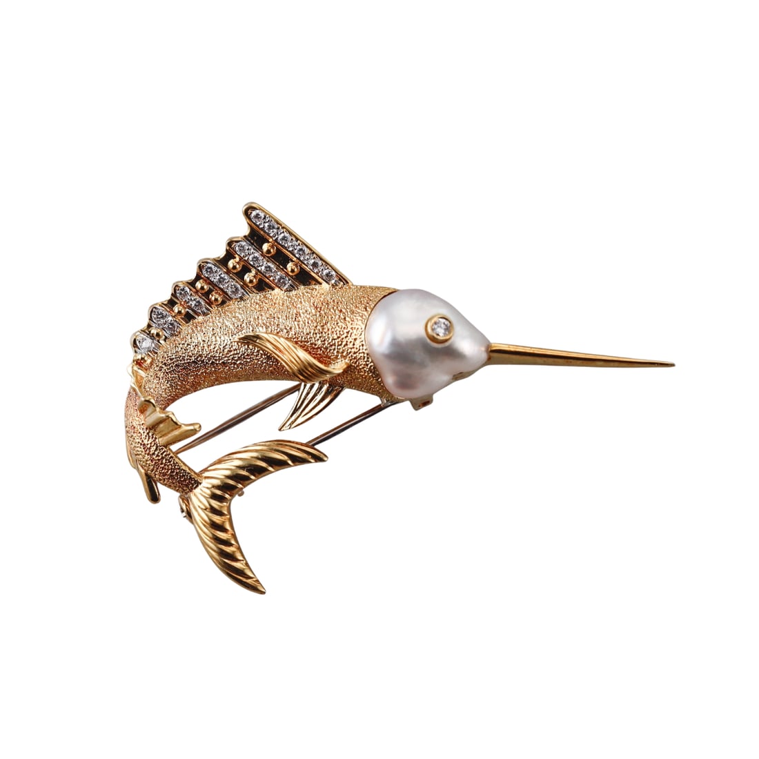 18k Gold Diamond Pearl Marlin Fish Brooch Pin: Metal : 18k Yellow Gold Designer : Not Signed Gemstone : Pearl, Diamonds approx. 0.22ctw. Measurements : Brooch is 55mm x 38mm. Marked: : 750, 18k, JS. Weight: : 14.7