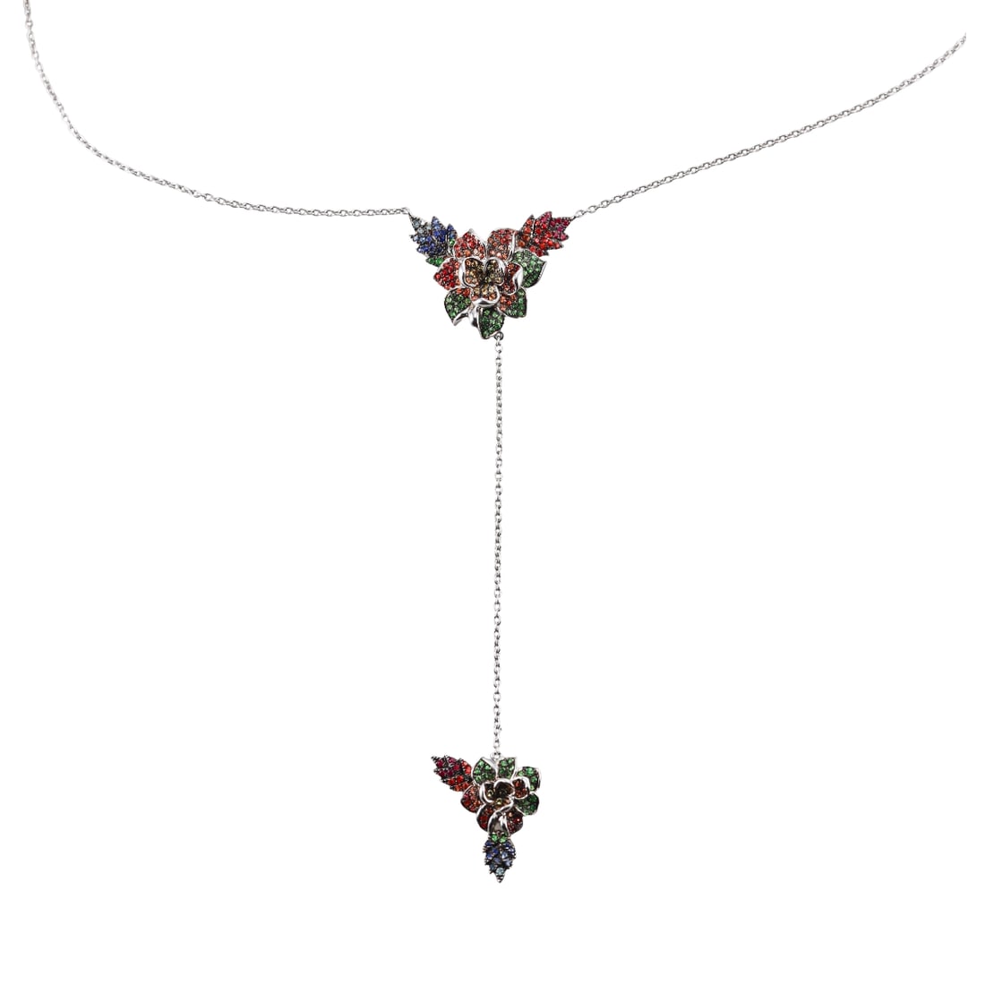 Colette Jewelry 18k Gold Napoleon Multi Gemstone Pendant Necklace: Metal : 18k White Gold Designer : Colette Jewelry Gemstone : Multi color sapphires, Tsavorites Measurements : Necklace is 19.5" long, pendant drop is 4" long. Marked: : Colette, Feathe