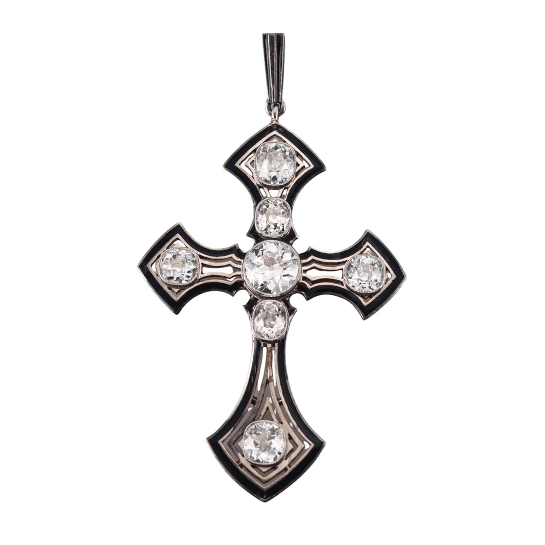 Antique Platinum 8ctw Diamond Enamel Cross Pendant: Metal : Platinum Designer : Not Signed Gemstone : Old mine cut diamonds - approx. 8 - 8.50ctw total. Center largest stone approx. 2.20ct. Measurements : Pendant is 76mm x 43mm. Marked: