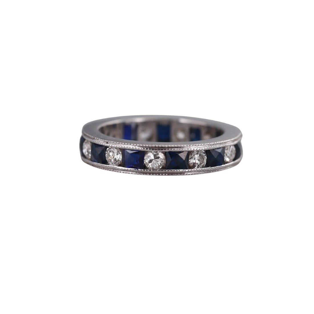 Platinum Diamond French Cut Sapphire Eternity Wedding Band Ring: Metal : Platinum Designer : Not Signed Gemstone : Diamonds approx. 1.00ctw, French cut sapphires. Measurements : Ring size 6, width 4.2mm. Marked: : CLA, Plat. Weight: :