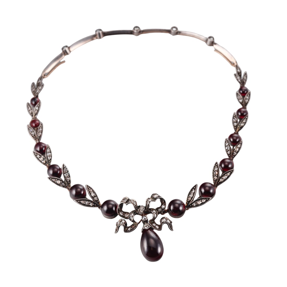 Antique Gold Silver Diamond Garnet Bow Necklace (1 of 5)