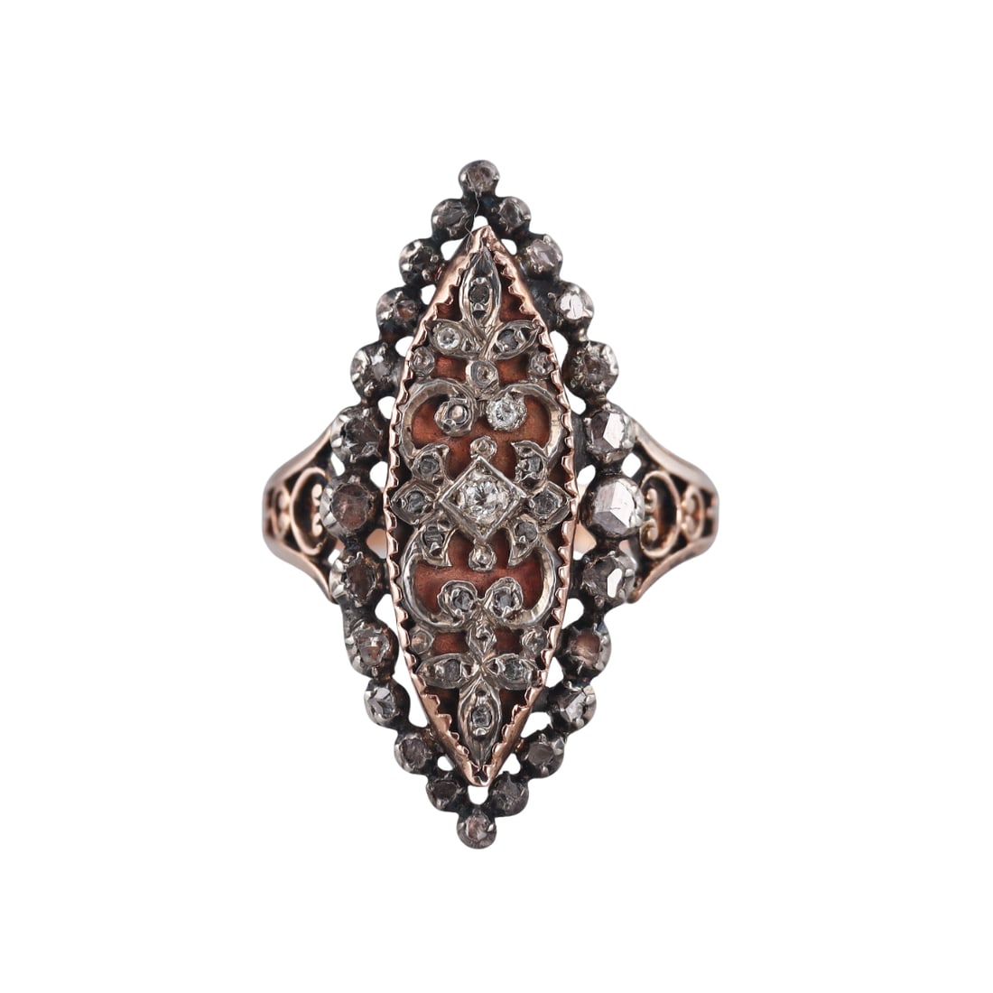 Antique Gold Silver Rose Cut Diamond Navette Ring (1 of 4)