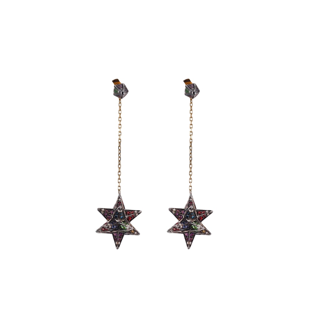 Noor Fares 18k Gold Rainbow Gemstone Merkaba Drop Earrings: Metal : 18k Yellow Gold Designer : Noor Fares Gemstone : Tsavorite, Sapphire, Diamonds 0.14ctw. Measurements : Earrings are 50mm long, drop star is 16mm. Marked: : NF hallmark, 750.