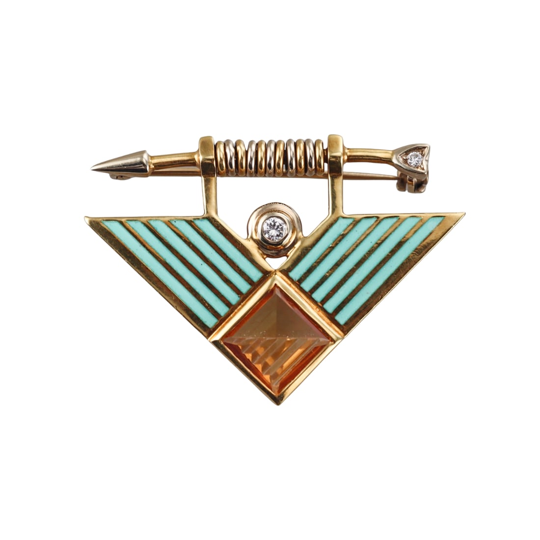 Manfredi 18k Gold Diamond Citrine Enamel Brooch Pin: Metal : 18k Yellow Gold Designer : Manfredi Gemstone : Citrine, Diamonds approx. 0.06ctw. Measurements : Brooch is 40mm x 28mm. Marked: : Manfredi, 190 VA, 750. Weight: