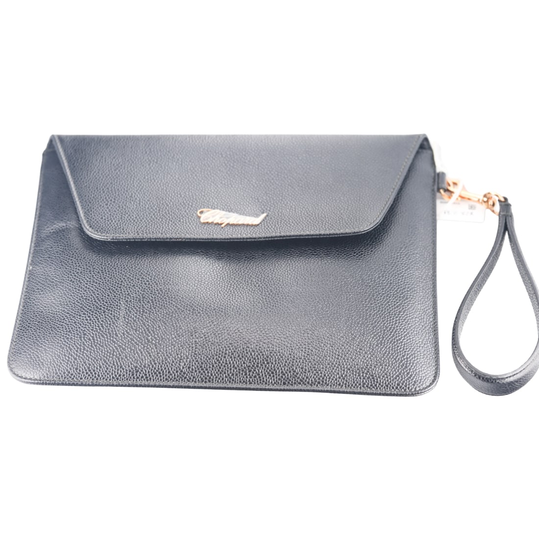 Chopard Black Leather Wristlet Clutch Envelope Bag: Material : Leather Designer : Chopard Measurements : Measures 10.5" x 8.25". Condition: : Mint, unworn with a fabric tear in inside lining - see photo. Additional: With dust bag.