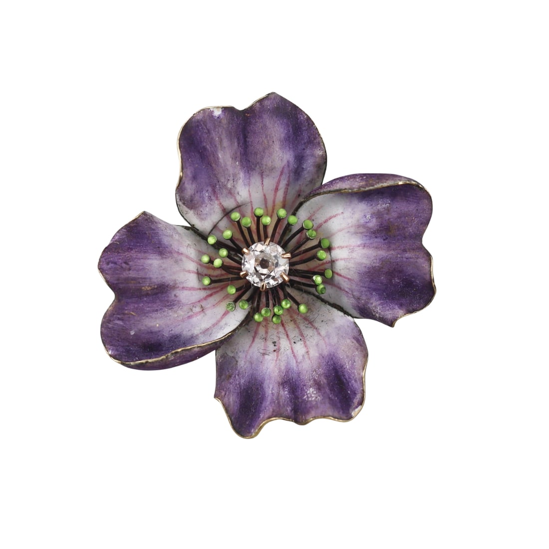 Antique 14k Gold Old Mine Cut Diamond Enamel Flower Brooch Pendant (1 of 4)