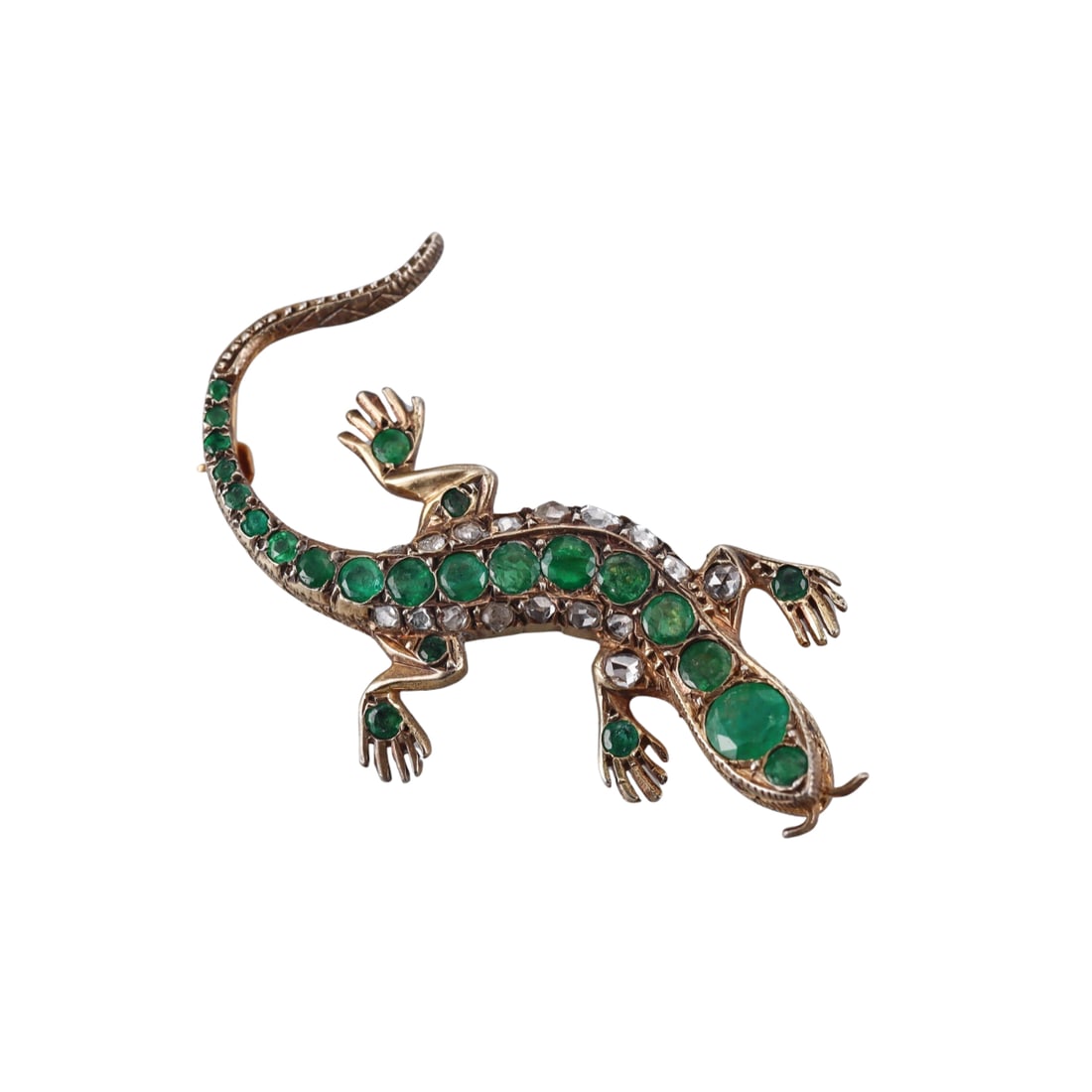 Antique 14k Gold Silver Diamond Emerald Lizard Brooch Pin (1 of 3)