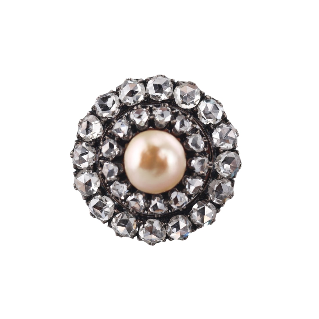 Antique 14k Gold Pearl Rose Cut Diamond Ring: Metal : 14k Gold and Silver Designer : Not Signed Gemstone : Rose cut diamonds approx. 1.96ctw. (believed to be natural pearl) 7.5mm. Measurements : Ring size 6 1/2, top is 20mm in diameter