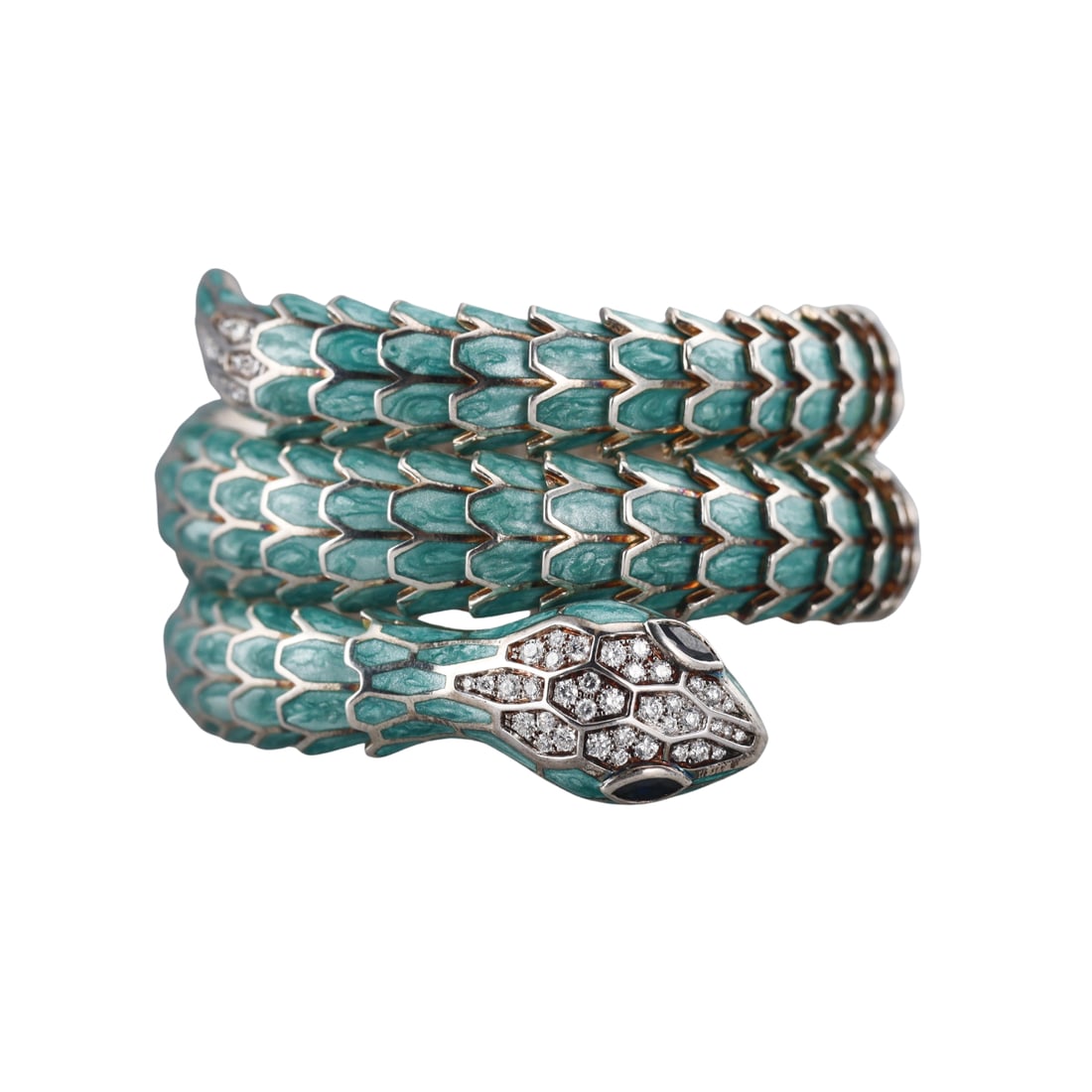 Alexis NY 18k Gold Silver Diamond Sapphire Enamel Snake Wrap Bracelet: Metal : 18k White Gold over Sterling Silver Designer : Alexis NY Gemstone : Diamonds 1.03ctw, Sapphires 0.55ctw. Measurements : Bracelet will fit approx. 6.5-6.75" wrist and is 44mm wide.