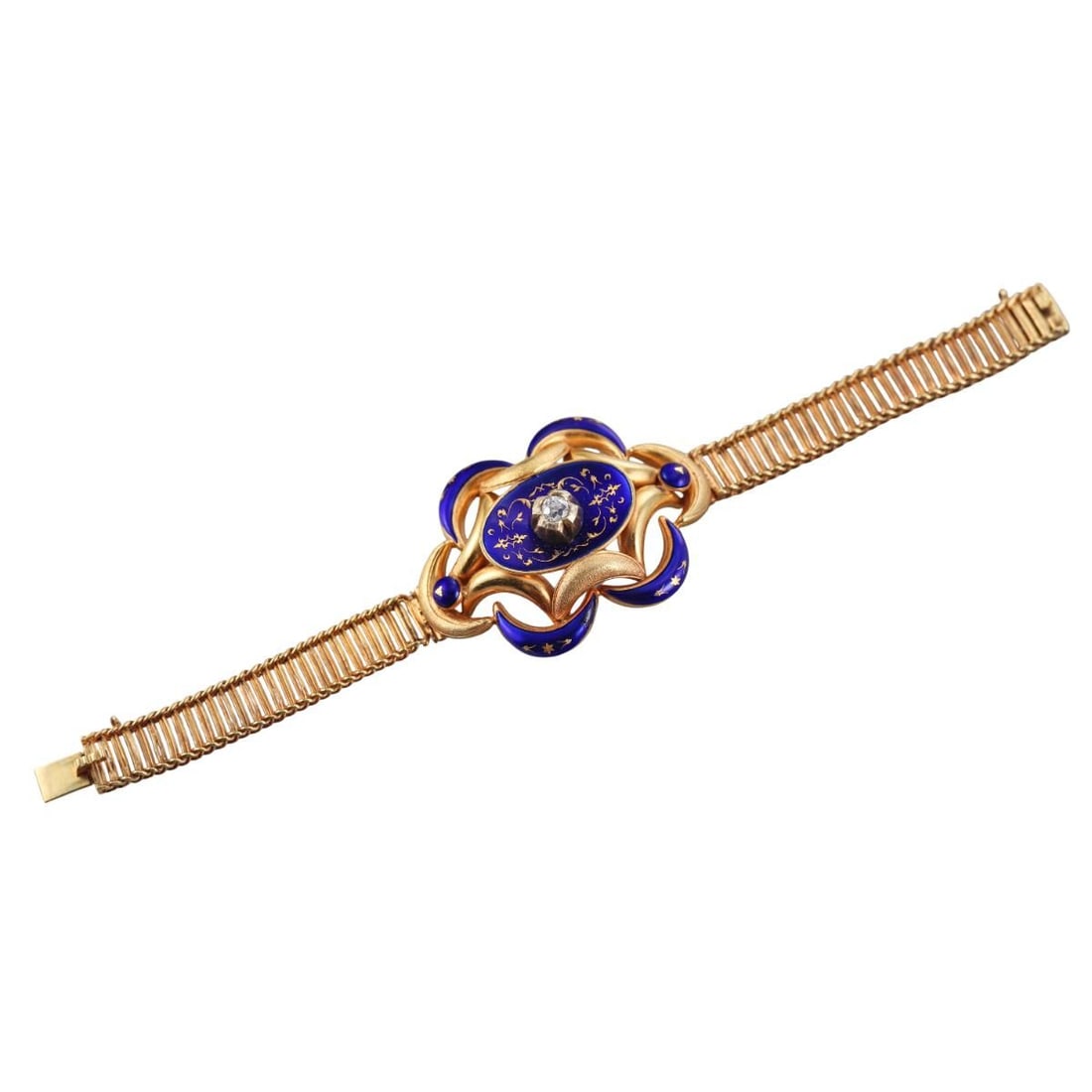 Antique Victorian 18k Gold Diamond Enamel Bracelet: Metal : 18k Yellow Gold Designer : Not Signed Gemstone : Diamond approx. 0.25ct. Measurements : Bracelet is 6.75" long, center is 36mm x 50mm. Marked: : Tested 18k. Weight:
