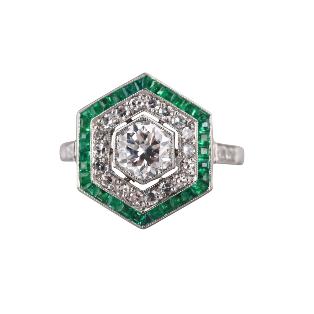 Platinum Old European Cut Diamond Emerald Ring: Metal : Platinum Designer : Not Signed Gemstone : Center old European cut diamond 0.94ct G-H/VS2. Side diamonds - 0.43ctw. Emerald Measurements : Ring size 6, top is 14mm Marked: