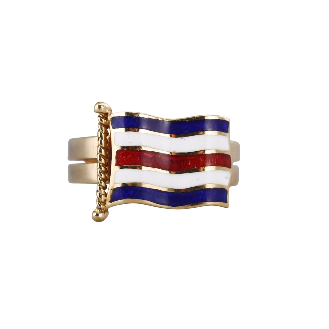 18k Gold Enamel Flag Ring: Metal : 18k Yellow Gold Designer : Not Signed Gemstone : n/a Measurements : Ring size 6 1/2, top is 13.5mm at widest point Marked: : Tested - 18k Weight: : 5.3 grams 