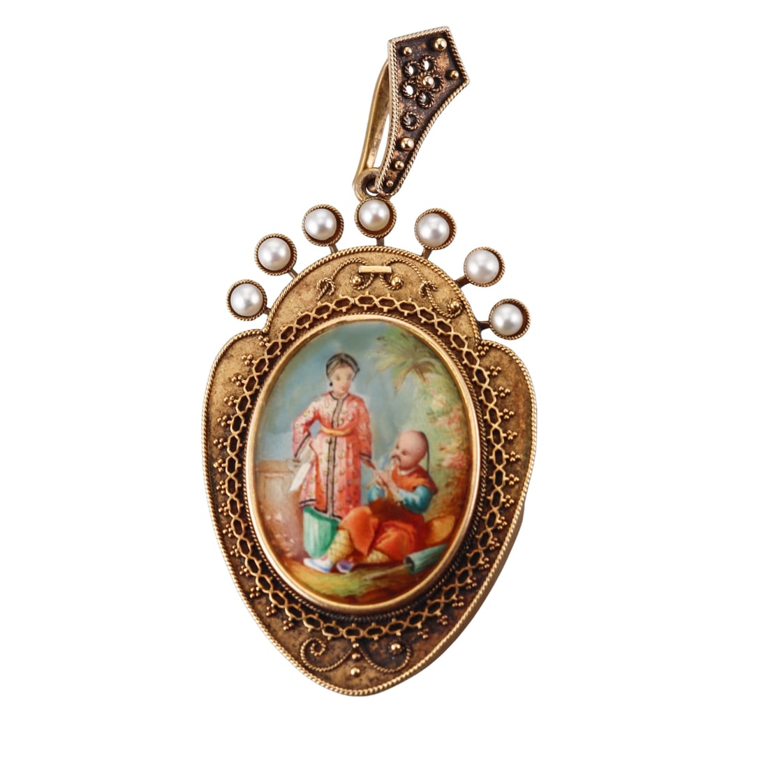 Antique Etruscan Beading 18k Gold Pearl Miniature Portrait Locket Pendant: Metal : 18k Gold Designer : Not Signed Gemstone : Pearl Measurements : Pendant is 68mm x 33mm Marked: : Tested - 18k Weight: : 21.1 grams Condition: : Excellent 