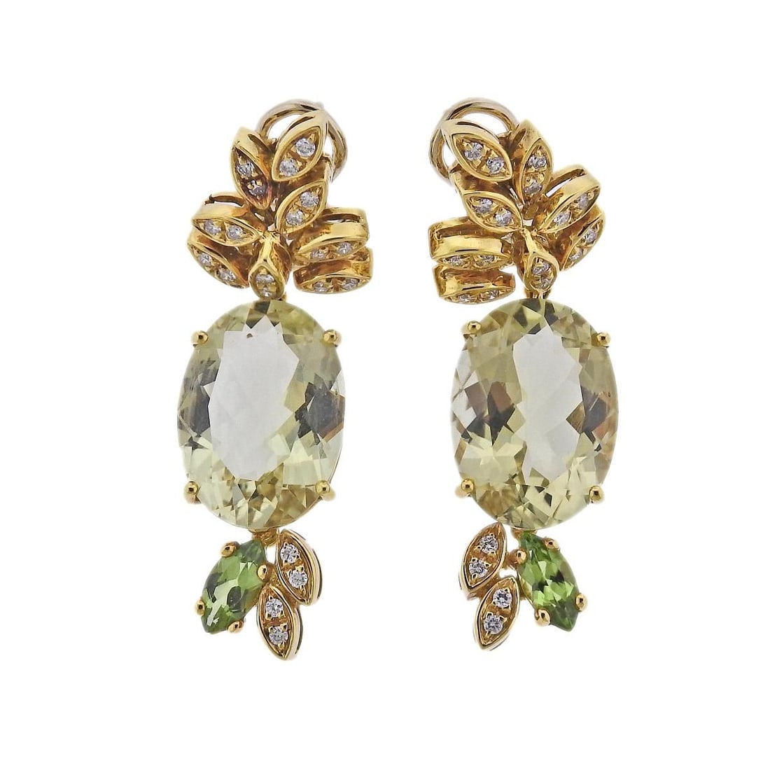 Bucherer Gold Diamond Quartz Peridot Cocktail Earrings: Metal : 18k Yellow Gold Designer : Bucherer Gemstone : with 0.52ctw SI/H diamonds, 19.69ctw quartz and 1.18ctw peridot Measurements : Earrings are 45mm x 16mm Marked: : CB, 750 