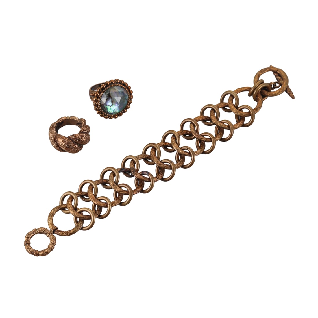 Stephen Dweck Bronze MOP Quartz Bracelet Ring Lot of 3: Metal : Bronze Designer : Stephen Dweck Gemstone : Quartz MOP. Measurements : Ring sizes - 7.75, 5.5. Bracelet is 7.5" long and 30mm wide. Marked: : Stephen Dweck. Weight: