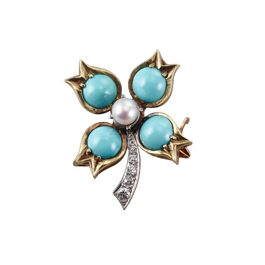 Antique 18k Gold Diamond Turquoise Pearl Brooch Pin (1 of 4)