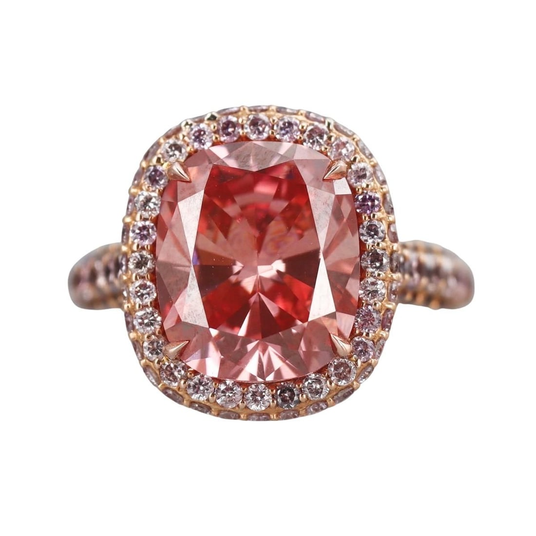 GIA 5.27ct Fancy Vivid Pink VS1 Diamond Rose Gold Engagement Ring: Metal : 18k Rose Gold Designer : Not Signed Gemstone : GIA certified 5.27ct cushion Fancy Vivid Pink/VS1 diamond - 11.74 x 9.95 x 6.05mm (treated), Mounting diamond total approx. 1.70ctw. Measur