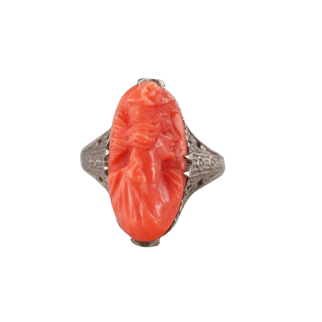 Art Deco Filigree 14k Gold Coral Cameo Ring (1 of 3)