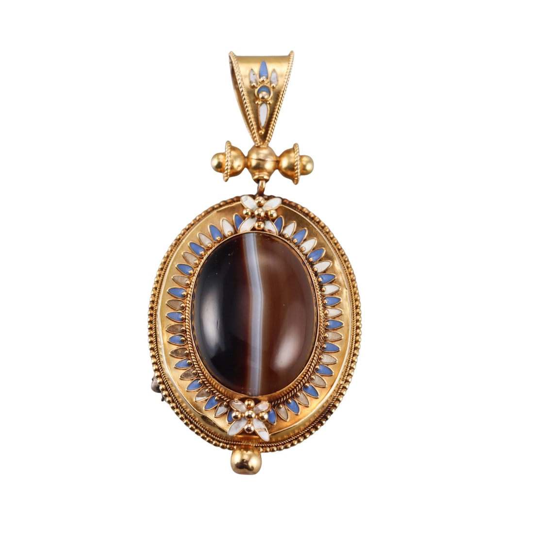 Antique Victorian 14k Gold Banded Agate Enamel Locket Brooch Pendant: Metal : 14k Gold Designer : Not Signed Gemstone : Agate Measurements : Brooch/Pendant is 70mm x 35mm Marked: : Tested - 14k Weight: : 18.3 grams Condition: :